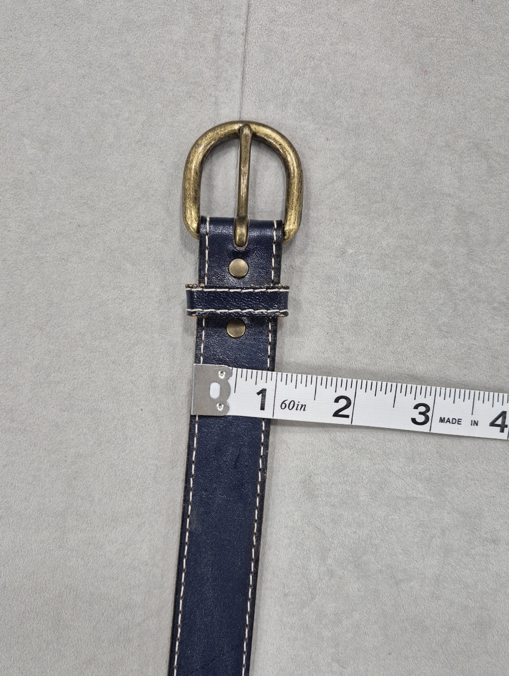 Classic Navy Leather Belt with Brass Buckle - Picture 8 of 12